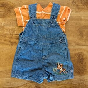 Disney Winnie The Pooh Tigger 2pc Set Jean Short Overalls Baby Sz 0-3